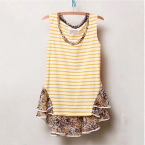Anthropologie Postmark Yellow Stripe Peplum Tank Top With Floral Ruffle Size L